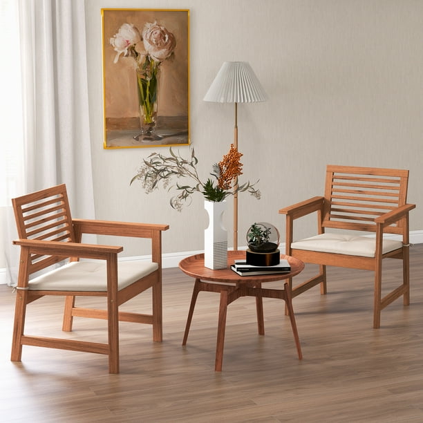 Juego de 2 Sillas de Comedor para Exteriores Costway Madera Maciza Natural con Cojines