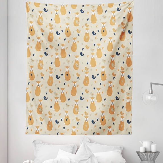 Forest Friends Tapestry, Simple Pattern with Foxes Birds and Hearts, Fabric Wall Hanging Decor for Bedroom Living Room Dorm, 5 Sizes, Beige Pale Orange, by Ambesonne