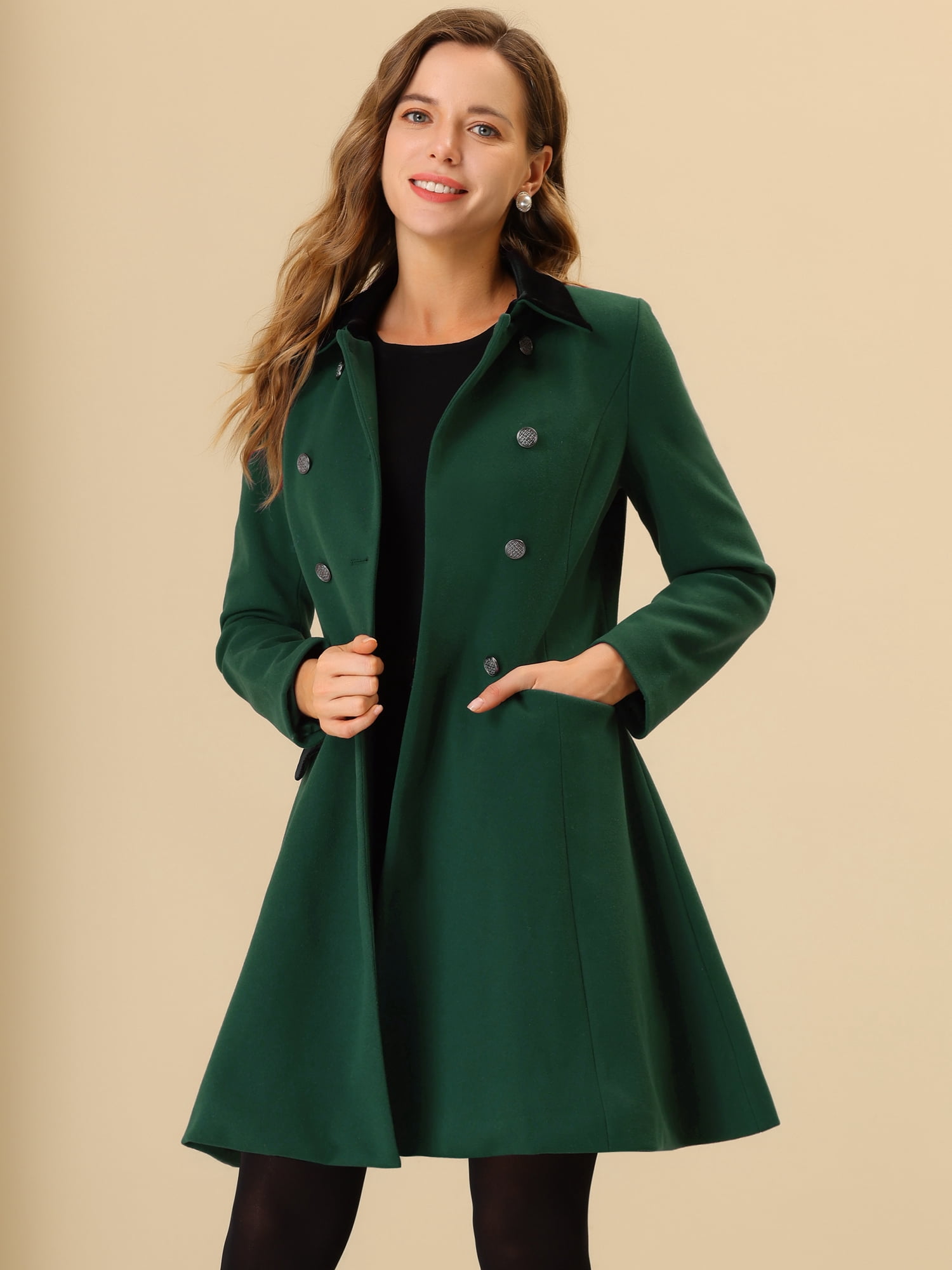 Unique Bargains Women's Single Breasted Button Velvet Contrast Collar Pea Coat L Deep Green