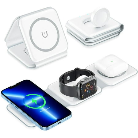 delpattern 3 in 1 Wireless Charging Station for iPhone and Android Magnetic Wireless Charger iPhone 14 13 12 11/Pro/XS/XR AirPods 3/2/Pro Foldable Charger Dock Station for iWatch White