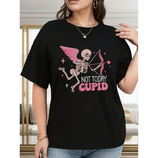 Camiseta gráfica "Hoy no, Cupido" - Camiseta informal de cuello redondo para mujer, lavable a máquina. Para adultos, hombres, mujeres, adolescentes, jóvenes y uso informal.
