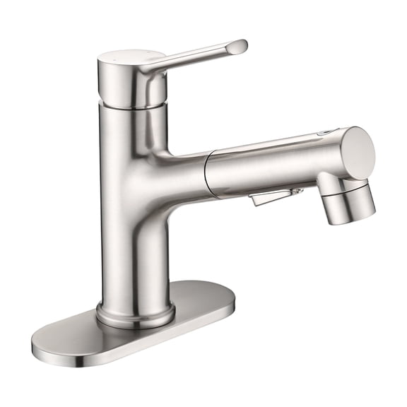 JERFIT Modern Single Handle Bathroom Sink Faucet with Pull Out Sprayer, Brushed Nickel Finish, Includes Pop-Up Drain and Deck Plate for 1 or 3 Hole Installation
