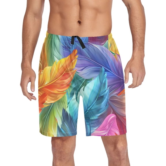 Men's Pajama Shorts Bottoms with Pockets Soft Lightweight Lounge Sleep Wear Colorful Feathers