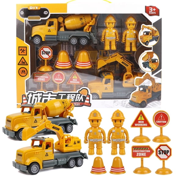 FEOLGEHLY 10 Pcs Small Diecast Construction Vehicle Toy Trucks with Road Signs, Tower Cranes, Dump Truck, Bus, Educational Engineering Toy Set, Toddler Birthday Christmas Gift for Ages 3-5 Year Old