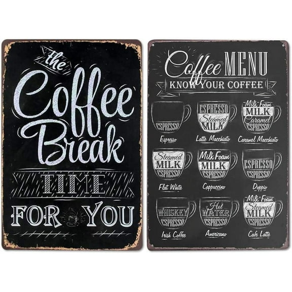 LZYMSZ 2PC Metal Tin Sign, Bar Sign Coffee Break Time for You, Coffee Menu Tin Sign, 8 X 12 Inches for Cafe Bar Home Wall Decor