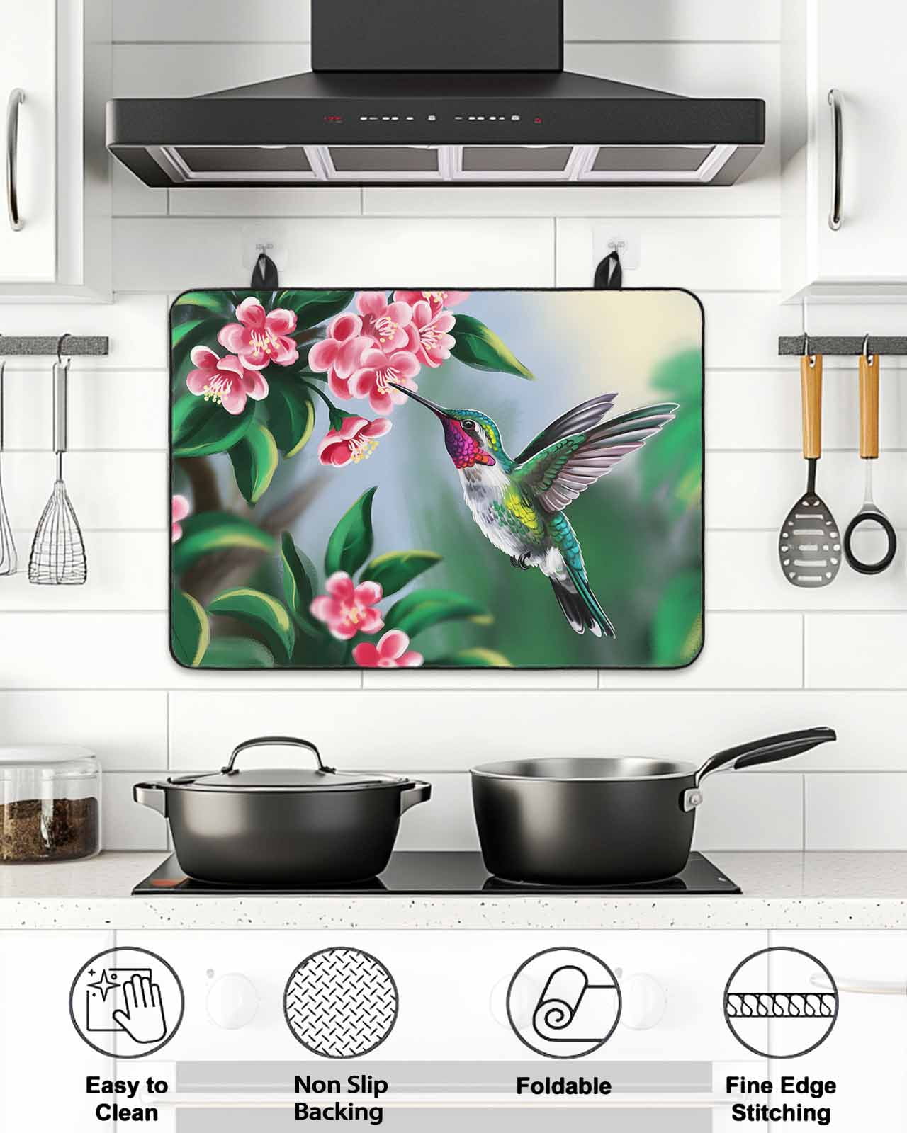 Stove Top Covers for Electric Stove, Green Hummingbird Glass Stovetop Cover Protector, Spring Summer Pink Flower Leaf Induction Cooktop Protector Oven Mat for Kitchen Countertop 24"x21"
