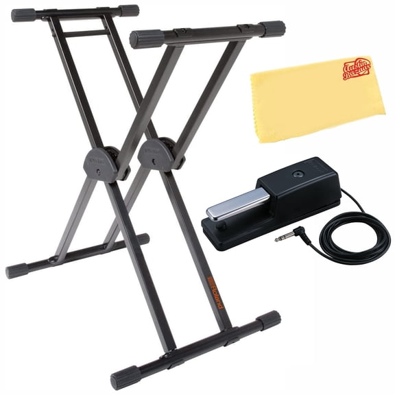 Roland KS-20X Spring-Loaded Double-Braced Keyboard Stand - Black Bundle with Damper Pedal and Austin Bazaar Polishing Cloth