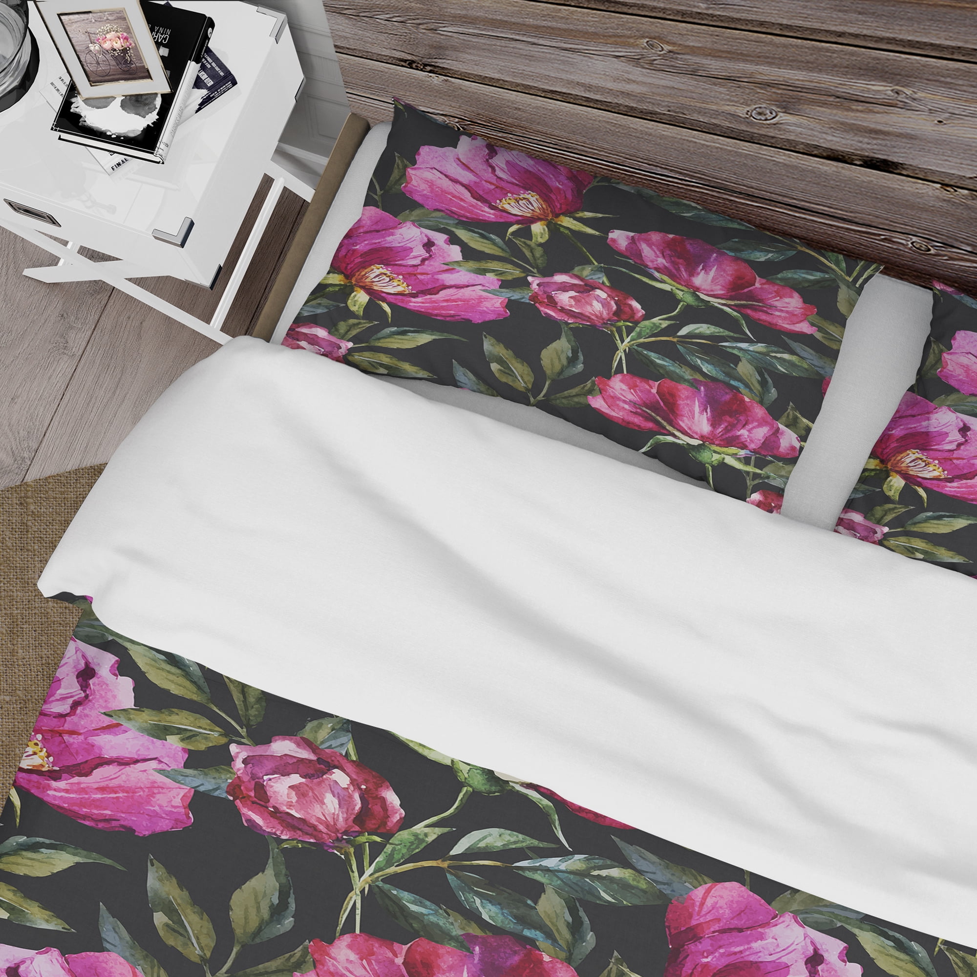 Designart 'Purple Flowers on Dark Background Hand Painted' Abstract Duvet Cover Set
