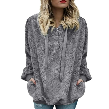 Tuphregyow Women s Thicken Fleece Knit Hoodies Solid Trendy Soft Long Sleeve with Pockets Tops Office Leisure Outdoor Fashion Drawstring Pullover Dark Gray XXXXL
