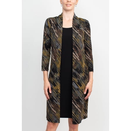 Connected Apparel Square Neck 3-4 Sleeves Slip on Attached Jacket Knee Length Dress-MOSS / 4