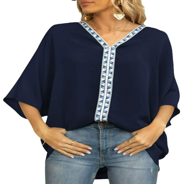 T-Shirt Femme Manches Dolman Col en V Chiffon Mode Urbaine Tops