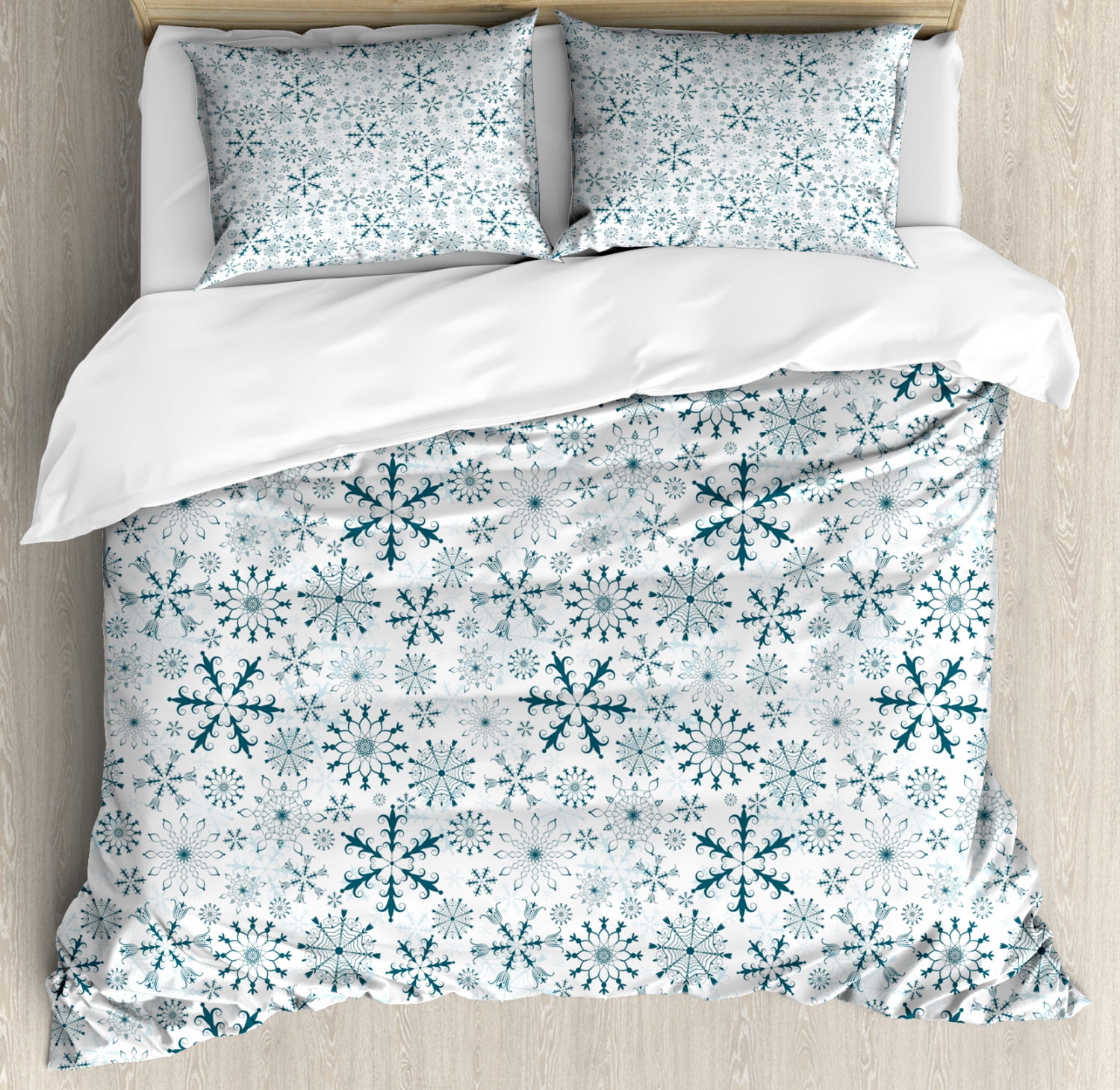 Winter Duvet Cover Set, Merry Xmas Theme Delicate Snowflakes Cold