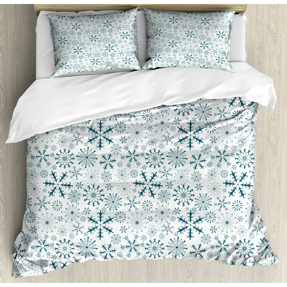 Winter Duvet Cover Set, Merry Xmas Theme Delicate Snowflakes Cold