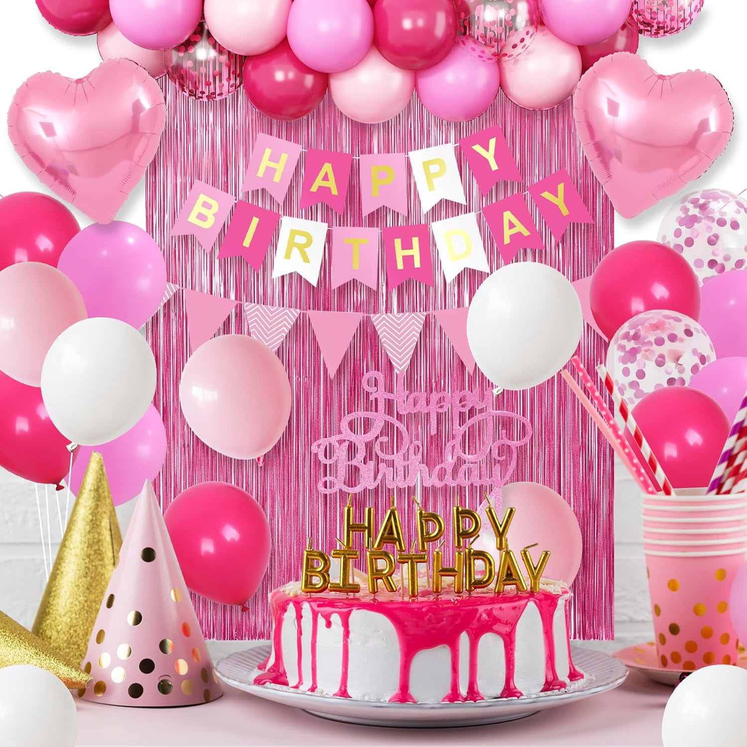 Hot Pink Birthday Decorations for Girls,Happy Birthday Banner Party Decoration Fringe Curtain Heart Foil Balloons for Women Party Decorations