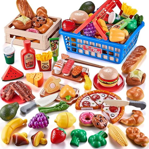Play Food Sets for Kids Kitchen, Global Cuisine Toddler Cutting Fake Food Toys Including Pizza, Sushi & Bakery , Pretend Toy Food & Play Kitchen Accessories with 2 Baskets, Ideal Gift for Boys Girls