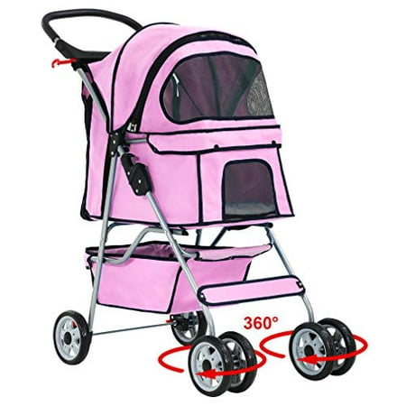 BestPet Pink 4 Wheels Pet Stroller Cat Dog Cage Stroller Travel Folding