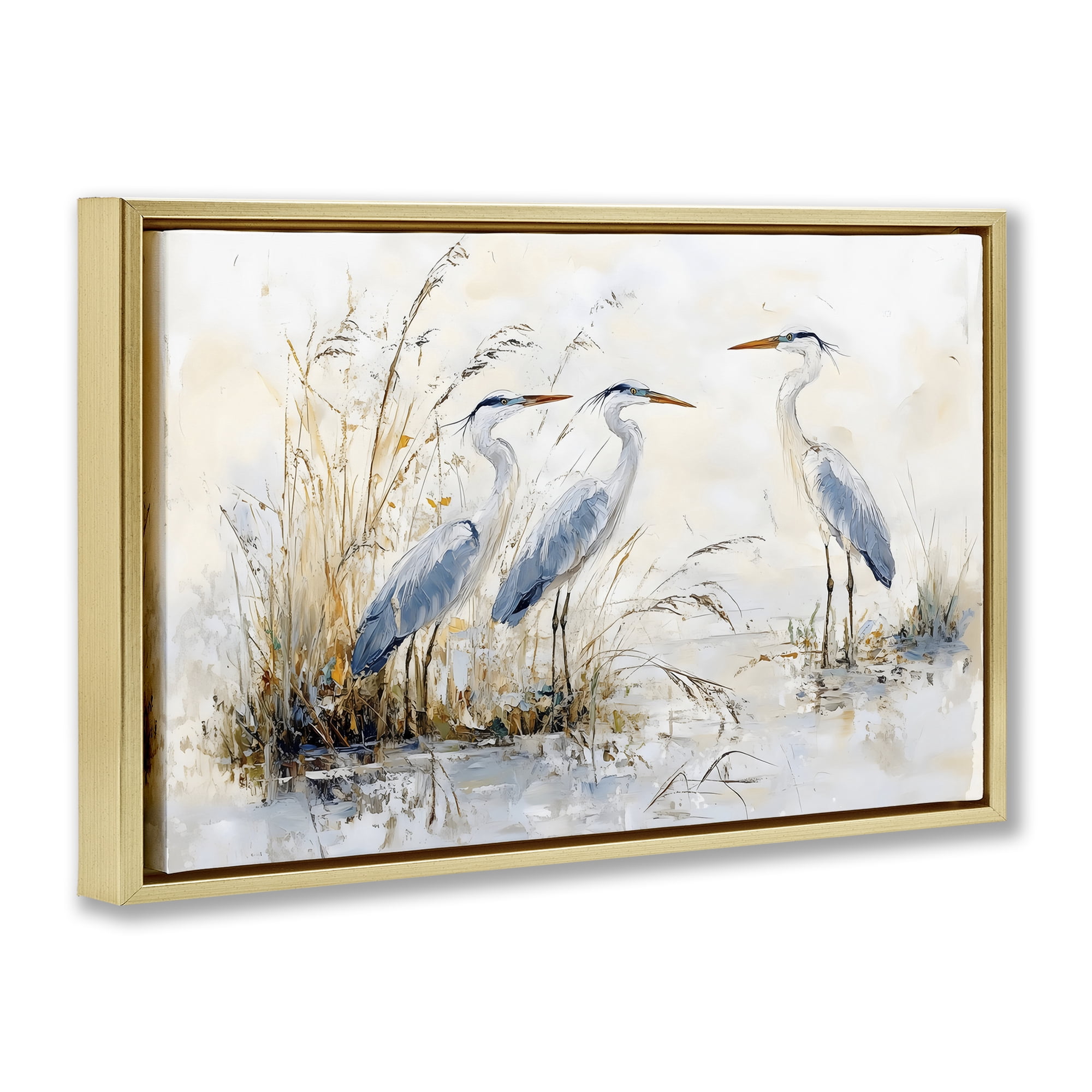 Stupell Industries Blue Heron Trio in Wetlands Gold Framed Floater Canvas Wall Art, design by LSR Design Studio