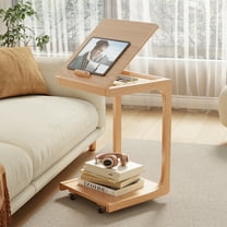 Muwuele Rolling Side Table with Wheels, Solid Wood C-Shaped End Table with Adjustable Desktop, Coffee Sofa End Cart Laptop for Couch Living Room Bedroom, Natural