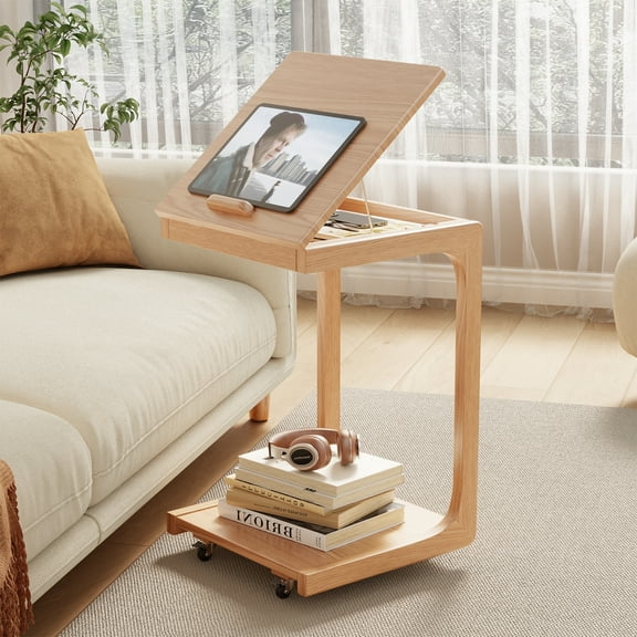 Muwuele Rolling Side Table with Wheels, Solid Wood C-Shaped End Table with Adjustable Desktop, Coffee Sofa End Cart Laptop for Couch Living Room Bedroom, Natural
