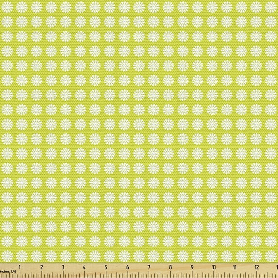 Nature Art Fabric by the Yard, Daisy Petals in Symmetric Style Pastel Flourish Buds Vintage Girly, Decorative Upholstery Fabric for Chairs & Home Accents, Yellow Green and White by Ambesonne