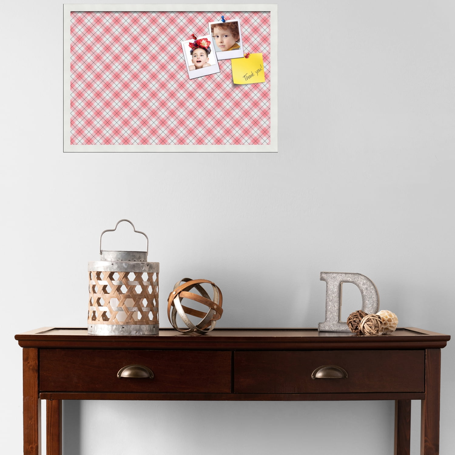 PinPix ArtToFrames 25x16 Custom Cork Bulletin Board Argyle Light Pink   Poster Board Has a Fabric Style Canvas Finish, Framed in Satin White Frame (PinPix-649)