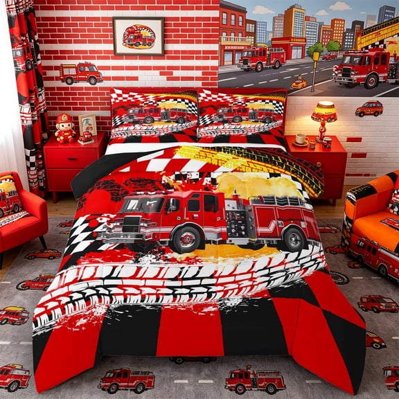 Castle Fairy Bold Fire Truck Full Size Comforter Sets 3 Pieces for Kids, Bright Engine Graphic Bedding Sets for Modern Room, Red,Black Reversible