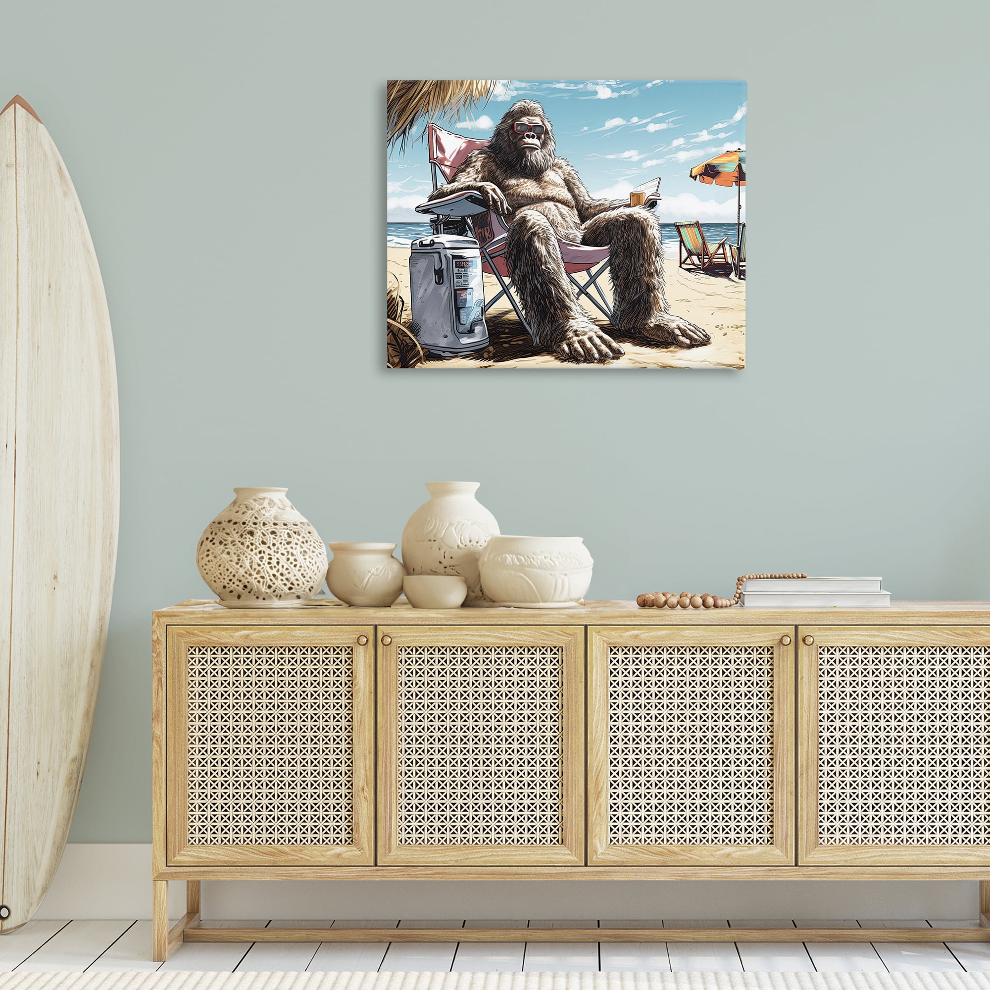 Stupell Industries Big Monster on Beach Fairy Tales & Fantasy Painting Gallery Wrapped Canvas Art Print Wall Art, 40 x 30