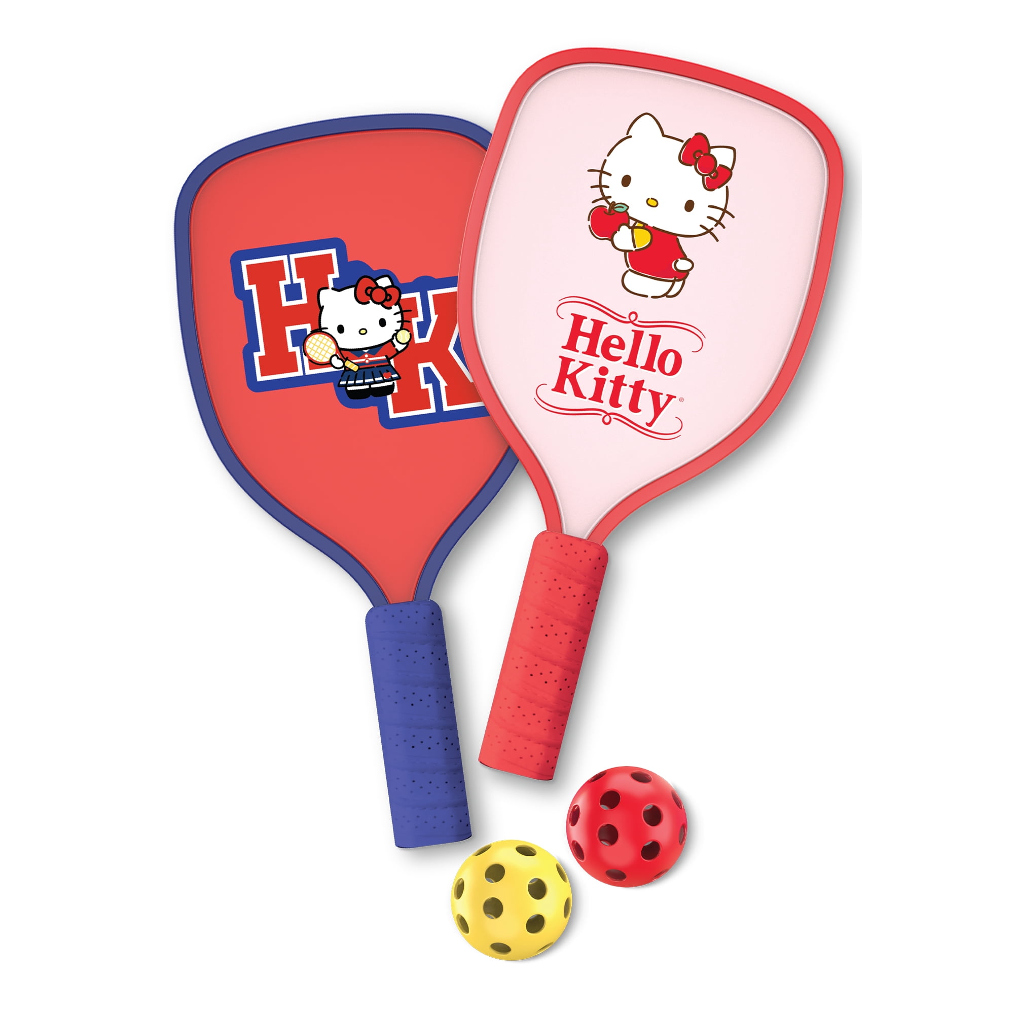 Hello Kitty Pickleball Paddle Set, 2 Wooden Paddles with Comfort Grip Handles and 2 Pickleball Balls, Cute Pink & Blue Character Design for Recreational Play