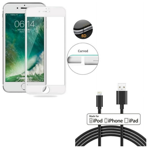 iPhone 8/7/6S/6 - 6ft MFi USB Cable w Tempered Glass Screen Protector - Certified Charger Cord Power Wire Braided, 5D Touch Curved Edge Full Cover Bubble Free Case Friendly for iPhone 8/7/6S/6