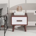 thumbnail image 3 of EUROCO End Table, Solid Wood Side table, Embossed Patterns Nightstand with 1 Drawer, Wood Legs and Handles for Living Room Hallway, Brown+White, 3 of 6