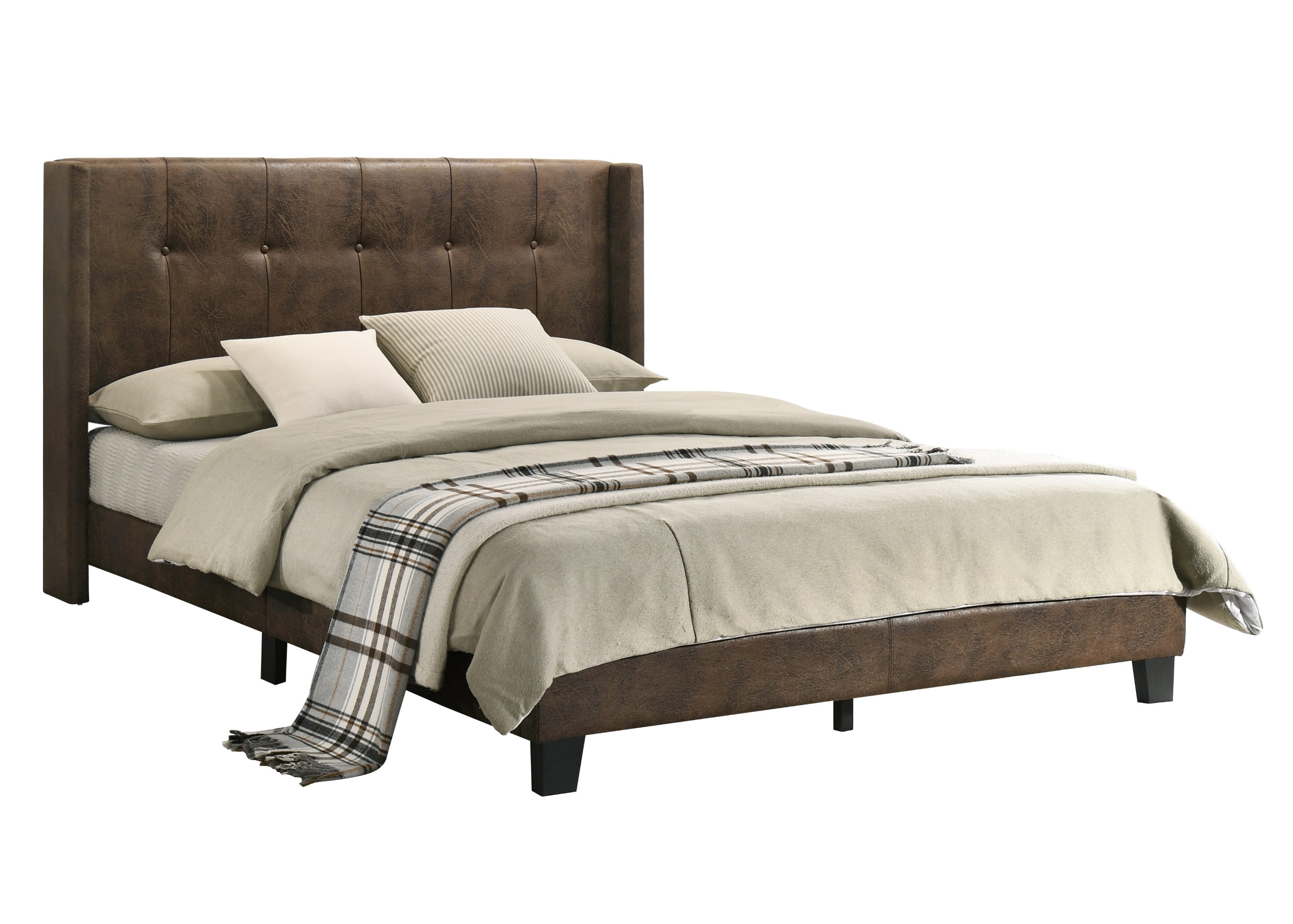 Home Design Evelyn Twin Upholstered Platform Bed Frame with Tufted Headboard and Wingback Design, Brown, Easy Assembly