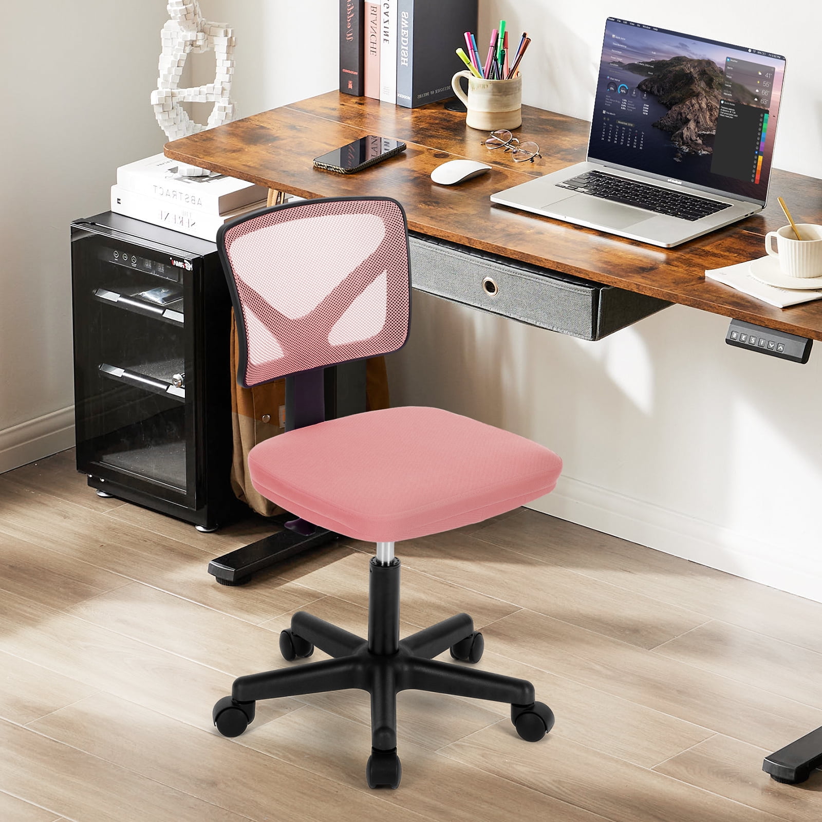 CONCETTA Ergonomic Home Office Mesh Desk Chair, Small Space, Armless Rolling Chair for Adults, Pink