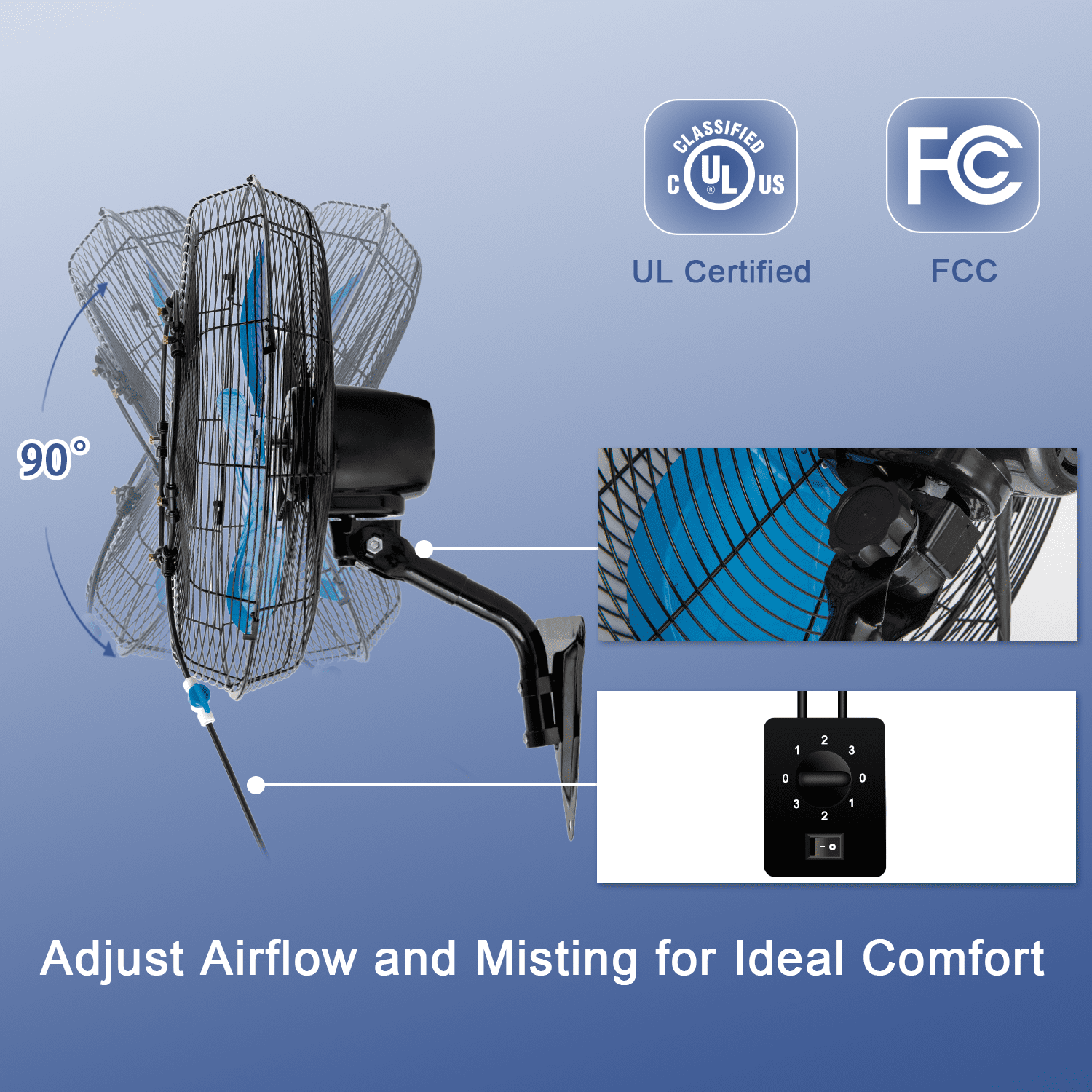 20in Wall Mount Fan with Misting, 3-Speed Industrial Wall Fan up to 7000CFM, 120°Oscillating High Airflow Cooling Fan for Garage,Home,Warehouse, Indoor/Outdoor Use, Blue