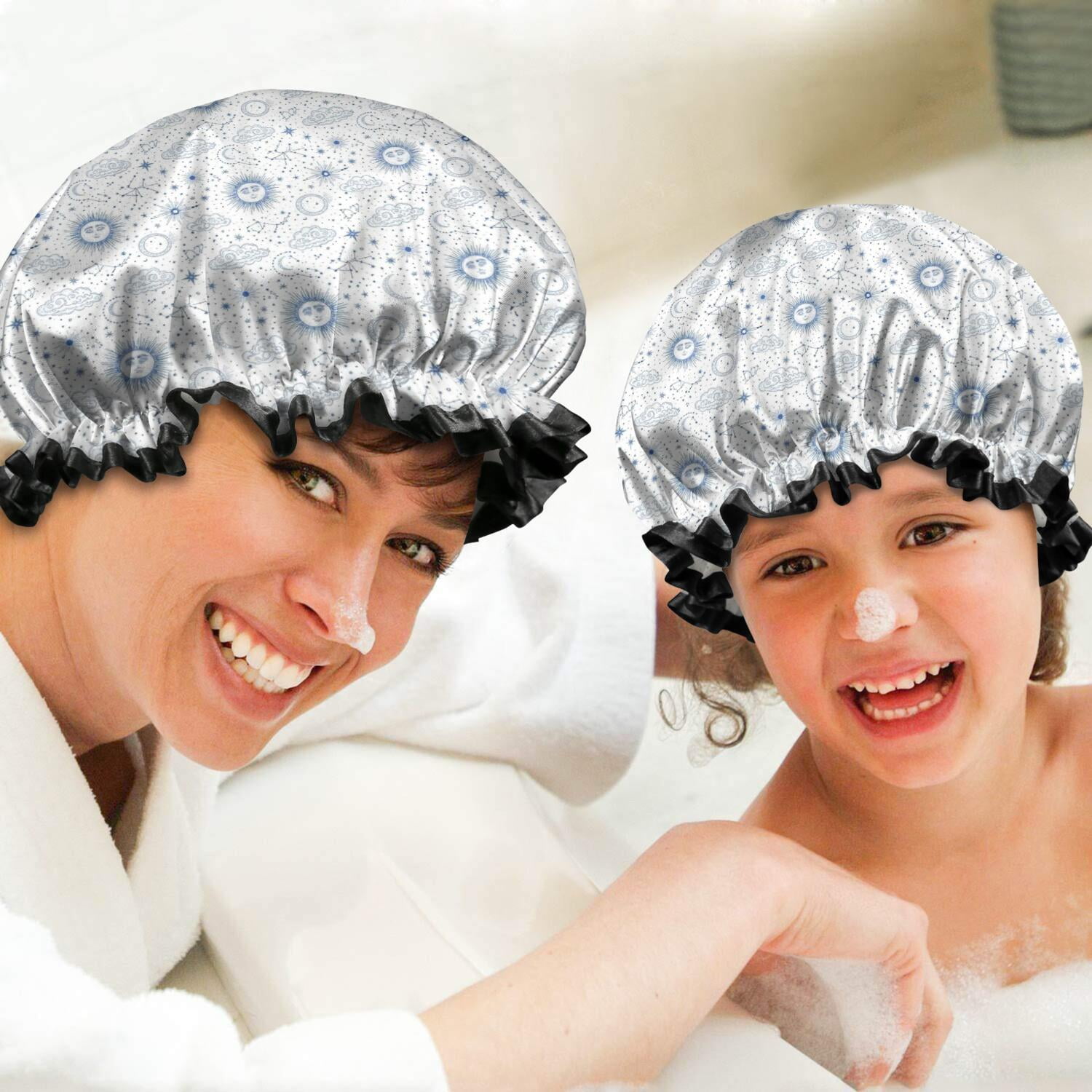Shower Caps,White Blue Sun Moon Cloud Star Pattern Waterproof Shower Cap for Women 4 Pieces,Double Reusable Hair Cover for Shower PEVA Elastic Stretch Hem