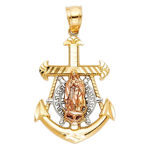 14k Tri-Color Gold Mariner's Anchor Cross Pendant Catholic Guadalupe Charm Jewelry Female Unisex