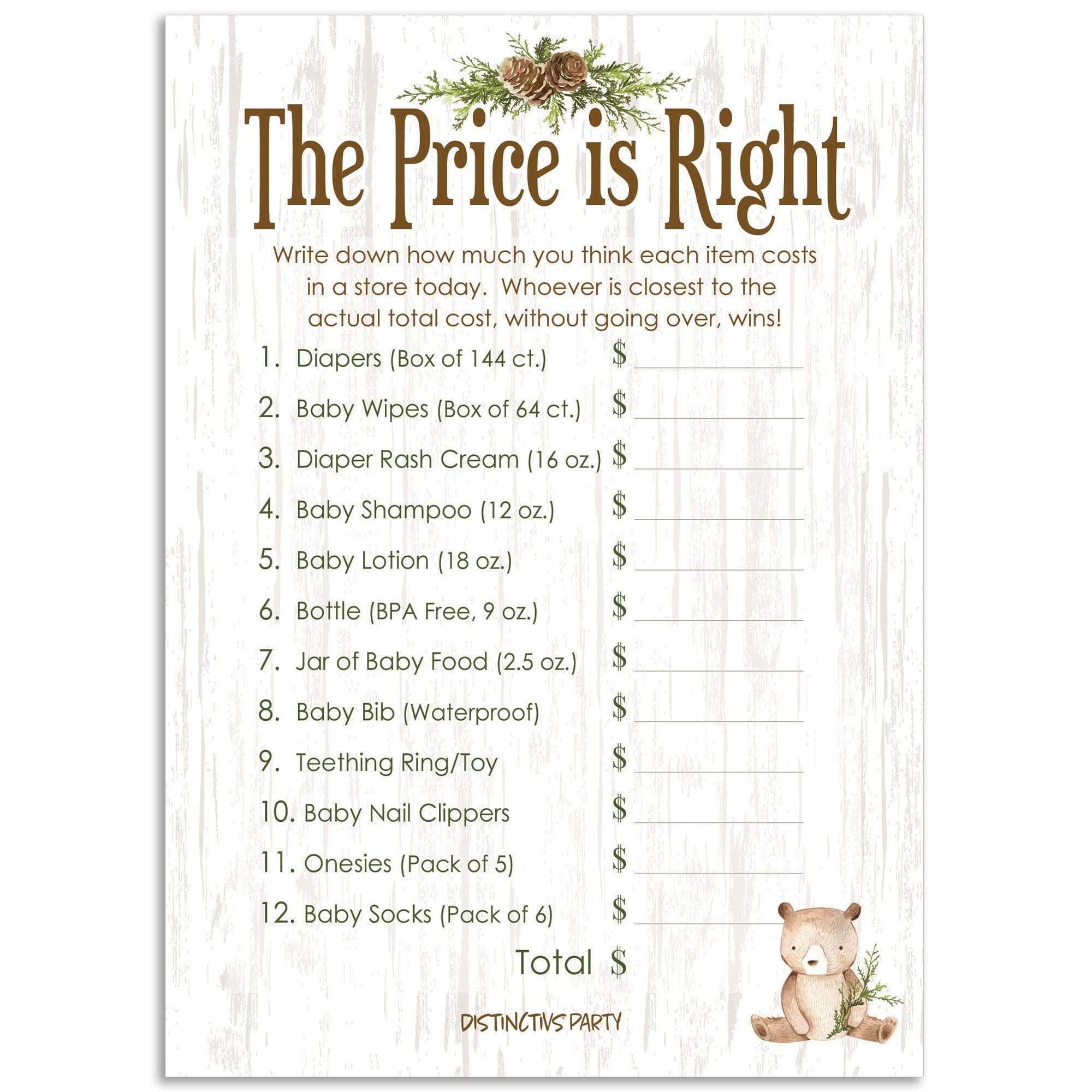 Woodland Bear Baby Shower Price is Right Game Cards - 20 count - Distinctivs