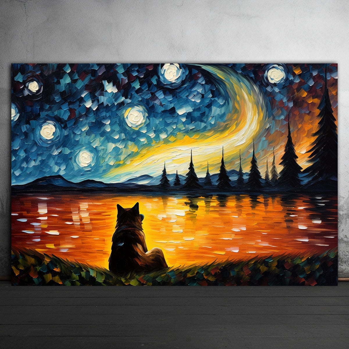 Akita Dog Watercolor Starry Night Van Gogh Painting Kits, Painting Watercolor Canvas, Canvas Suitable for Room Decor Cafe Decor Or Gift for Friends