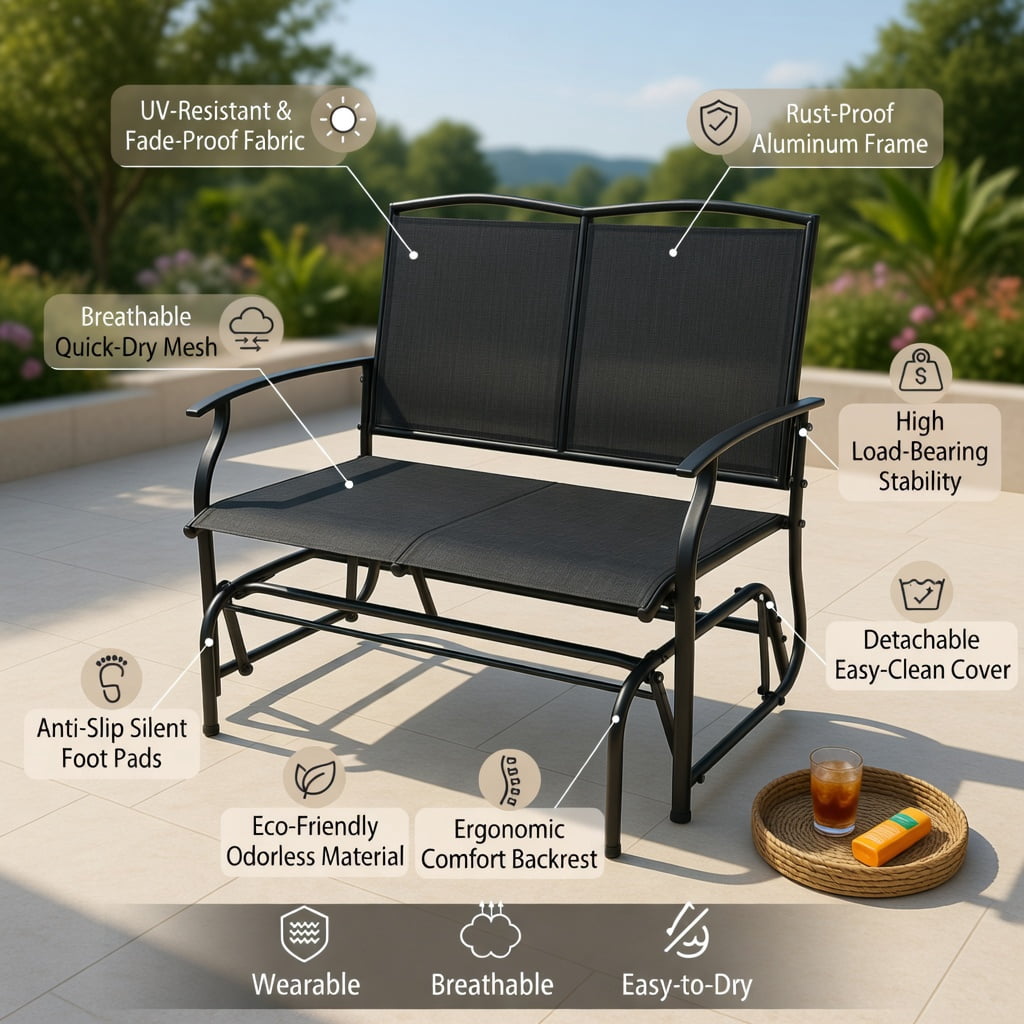 Hommoo Heavy-Duty Steel Outdoor Rocking Loveseat Chair, Textilene Patio Rocker for Backyard, Lawn, Deck or Indoor Use, Black