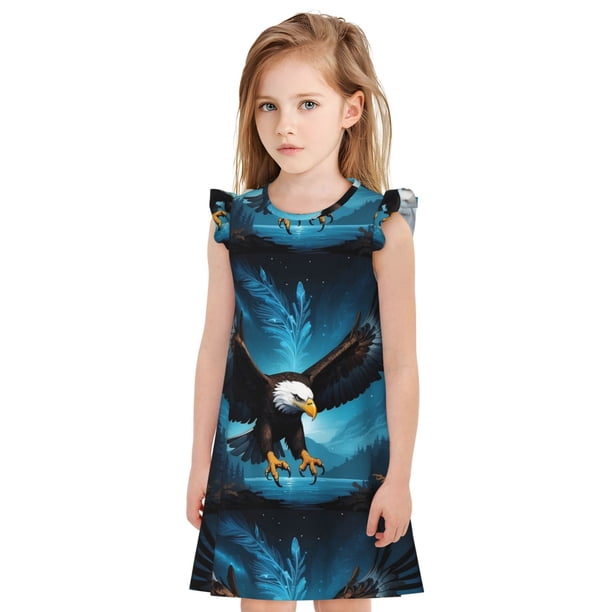 Balery Night Sky Forest Bald Eagle Camisón de princesa para niñas, pijama de algodón con mangas abullonadas, suave y bonito.-Large