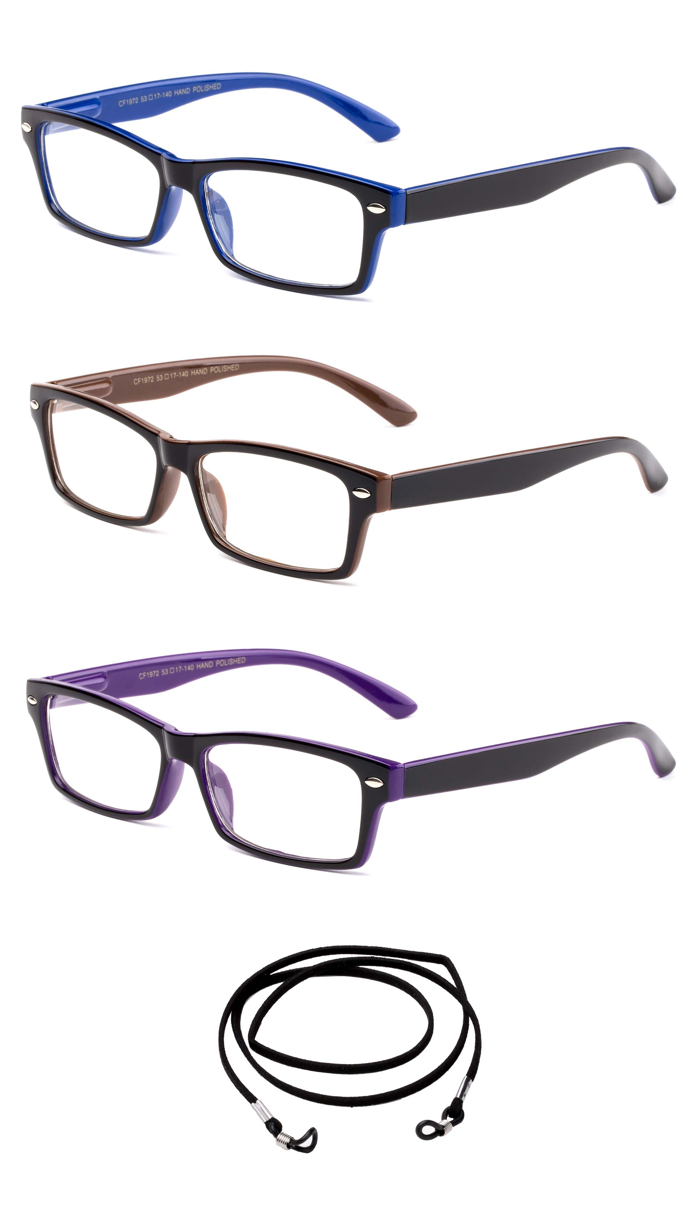 Newbee Fashion Unisex +1.00 Reading Glasses with Lanyard, 3 Pack