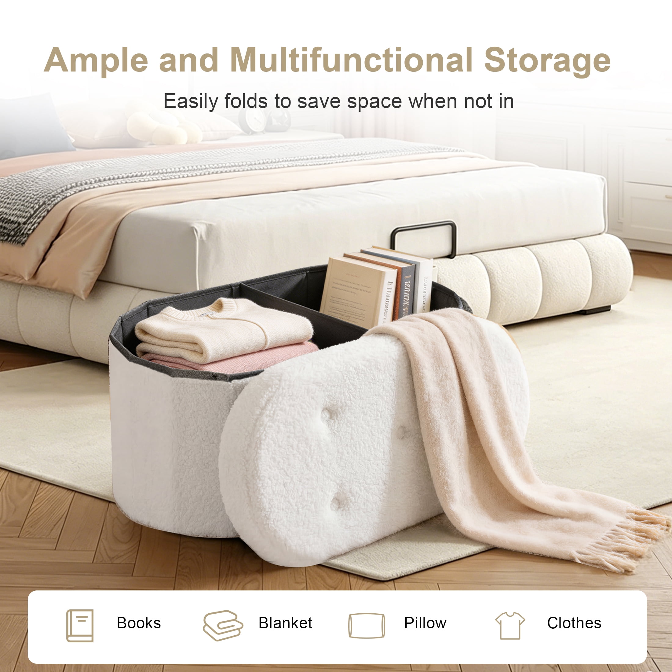 CONCETTA 30in Ottoman with Storage, Folding Foot Rest for Living Room & Bedroom, Versatile Home Bench in Soft Teddy Fabric, White
