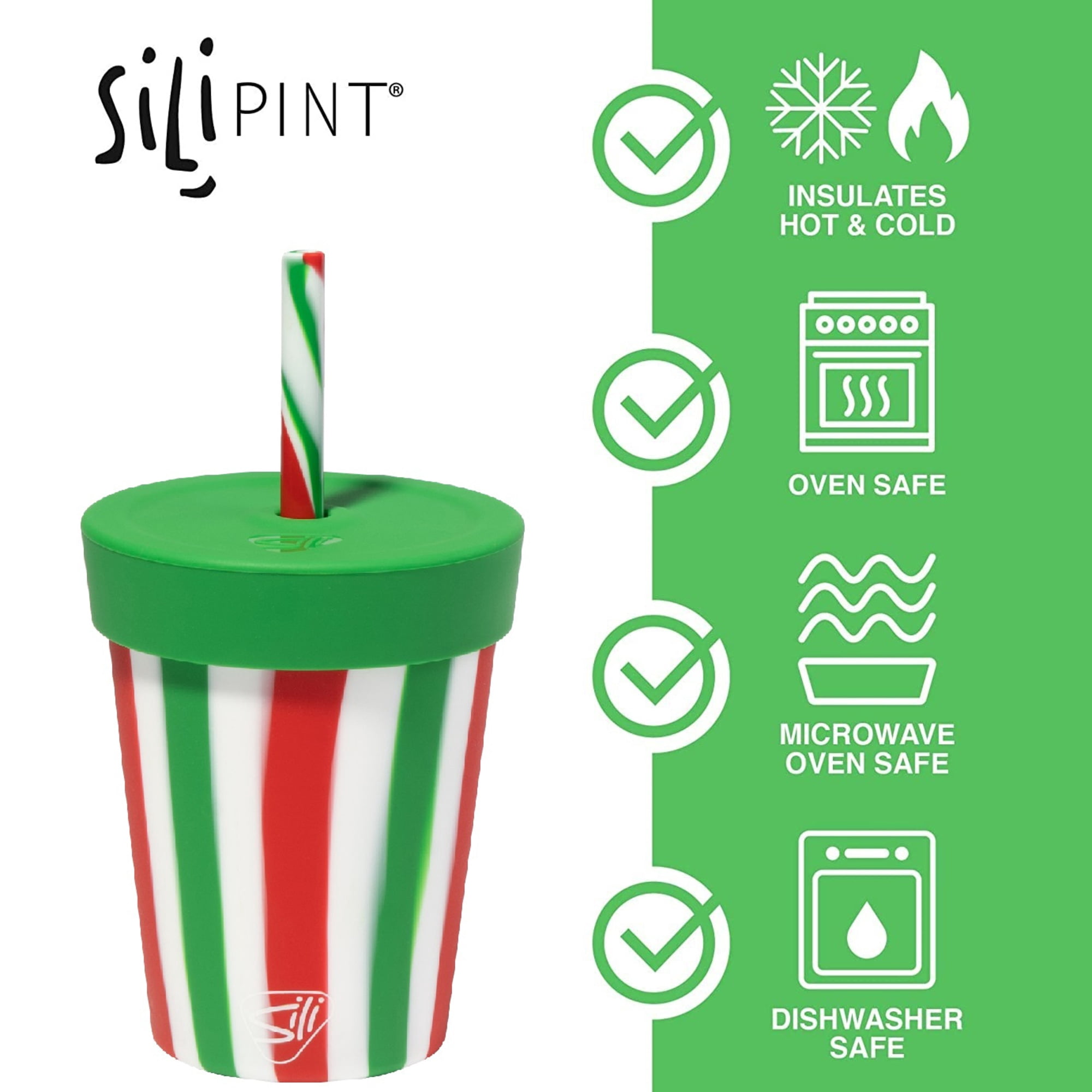 Silipint: Silicone Kids 8oz Straw Tumblers, 2 Pack, Peppermint & Poinsettia