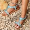 thumbnail image 5 of pwidon Women's Wedge Sandals Elastic Ankle Strap Open Toe Boho Slip On Orthopedic Arch Support Rhinestone Gemstone Casual Beach Walking Sandals Light Blue 8.5, 5 of 5