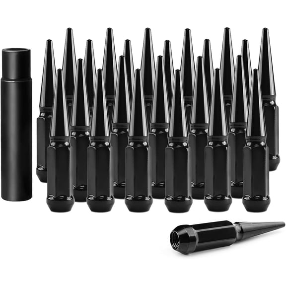 MRY Set of 24, 14mm x 1.5 Wheel Spike Lug Nuts, M14 x 1.5 Conical Bulge Seat Closed End Spiked Lug Nuts with 1 Socket Key for Silverado Sierra 1500 Aftermarket Wheel, Black