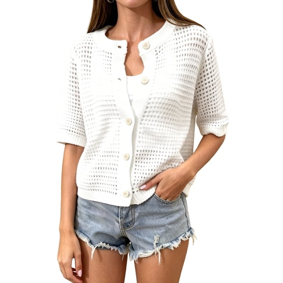 Women's Hollow Out Short Sleeve Knit Cardigan White S