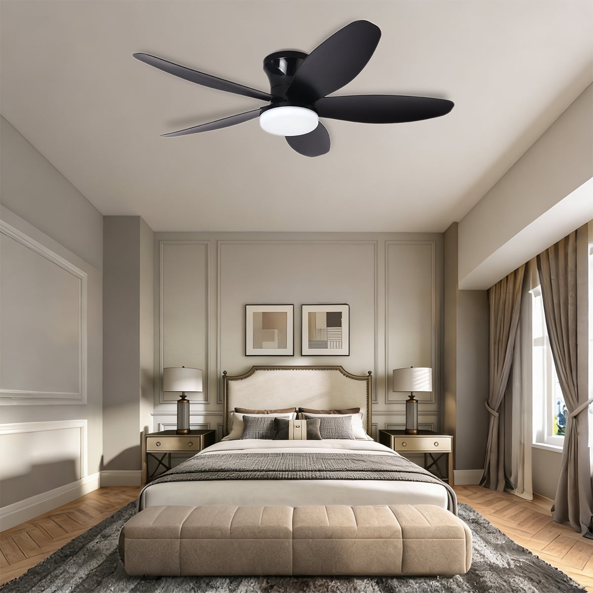 Ceiling Fans with Lights, 36 inches Low Profile Ceiling Fan with Light and Remote/APP Control, Fully Dimmable LED Light and Reversible Moter, Modern Ceiling Fan for Bedroom Living Room, Black
