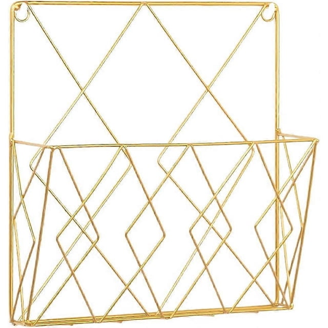 Metal Wall Mounted Magazine Rack, Newspaper Organizer Metal Wire Black Decorative Shelf File (Gold)