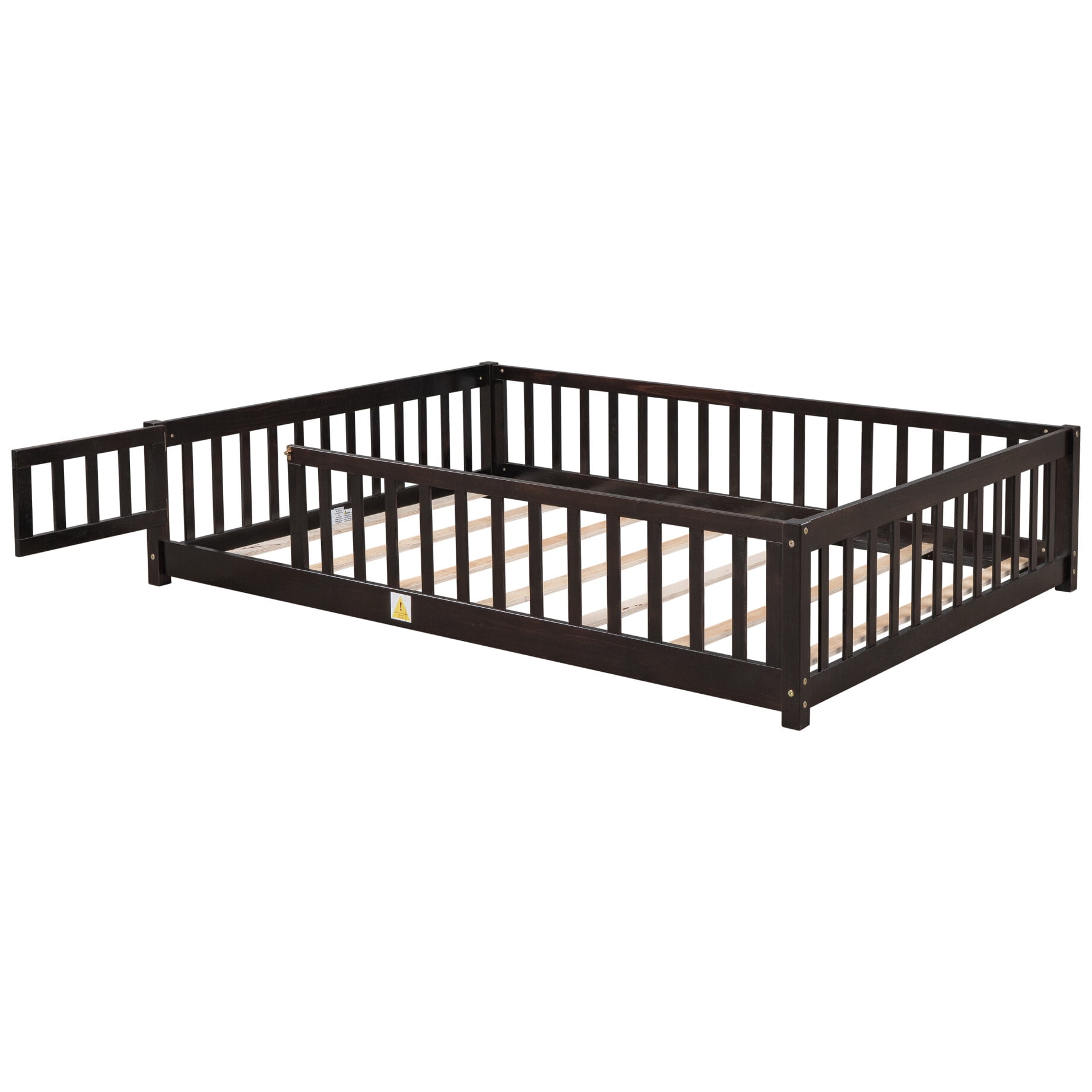 Kids Full Montessori Playpen Floor Bed Frame with Safety Guardrail Fence and Door for Boys Girls Toddlers Baby, 200lbs Load 79.5x41.8x17.5inch, Espresso