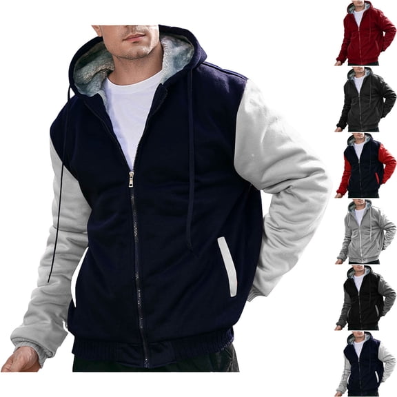 HOMADLES Men's Fleece-Lined Hooded Jacket Long Sleeve Winter Thermal Zip Up Jacket Windproof Casual Outerwear for Cold Weather Navy Size 2XL
