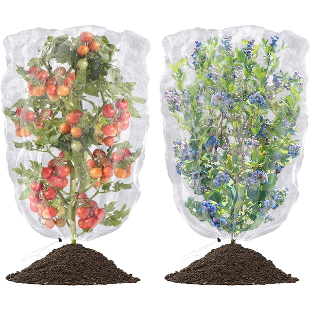 Nvzi Paquete de 2 bolsas de protección de frutas con cordón, red de protección para tomates, bolsas de red de barrera para plantas de jardín para verduras, frutas y flores (3,28 x 3,28 pies)